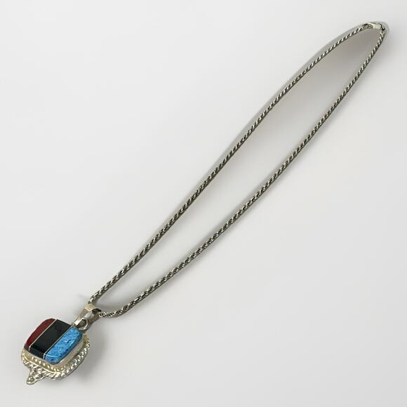 Vintage Taxco Sterling Silver Inlay Pendant Necklace – Coral Onyx Turquoise- 27” - Picture 6 of 16